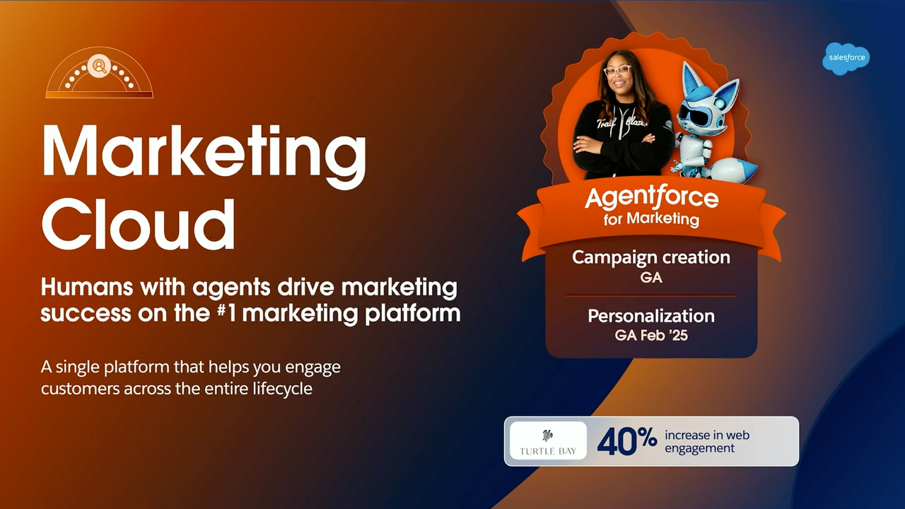Agentforce capabilities for Marketing Cloud, including campaign creation and personalization.