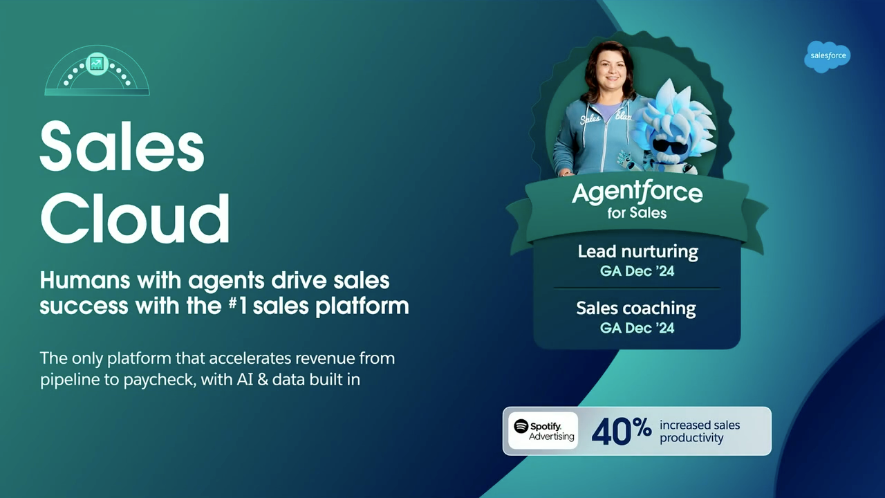 Agentforce features for Sales Cloud, including lead nurturing and sales coaching.