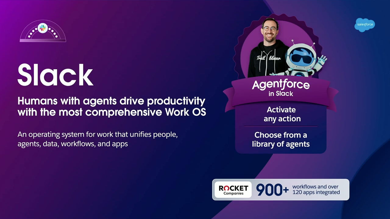 Agentforce in Slack, featuring action activation and a library of agents.
