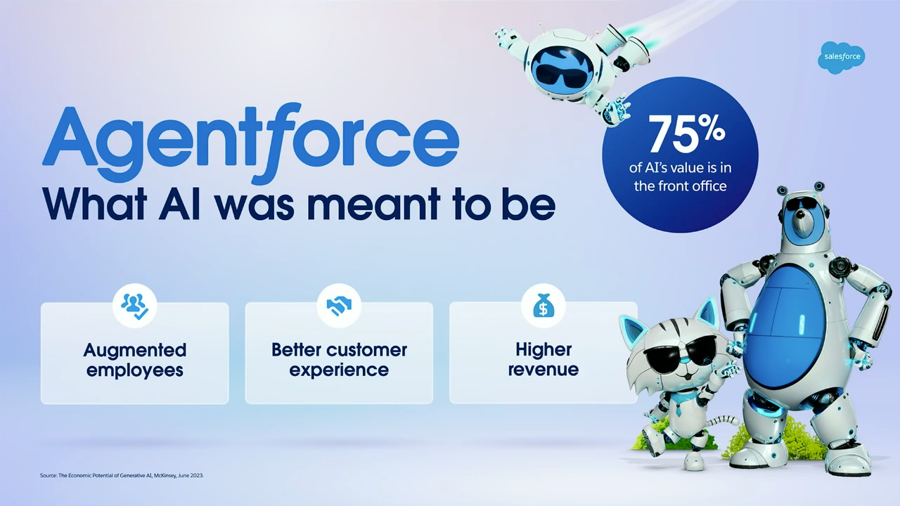 Overview of Agentforce benefits including augmented employees, better customer experience, and higher revenue.